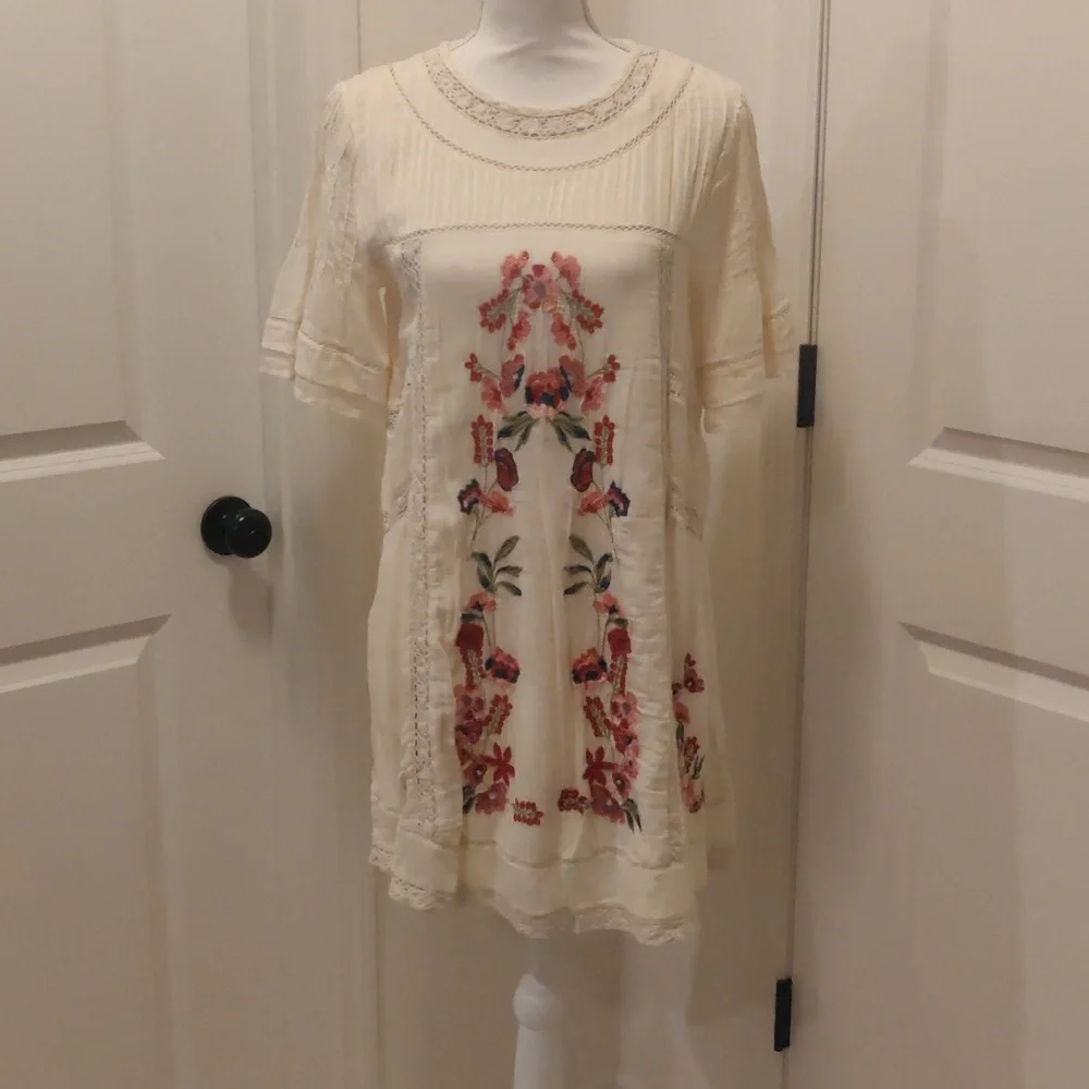 Free People Embroidered Victorian Dress Cream/ Off-white mini dress Cottagecore - Picture 5 of 14